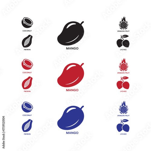 Collection of vibrant fruit icons including mango, coconut, papaya, dragon fruit, and lychee