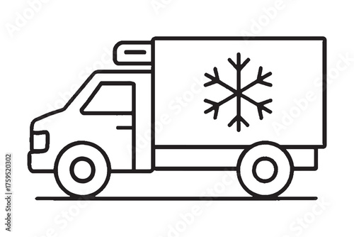Simple line art icon of a refrigerated truck with snowflake symbol