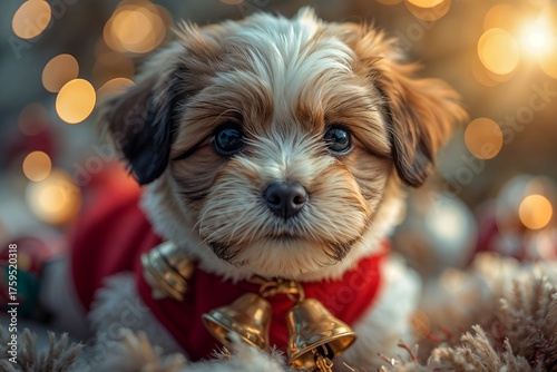 Adorable small puppy wearing a red Christmas outfit with golden bells, lying among festive decorations and glowing holiday lights. Cozy winter and Christmas atmosphere.