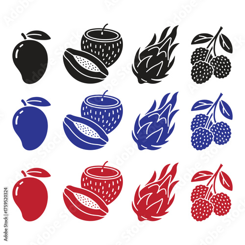 Vibrant tropical fruits in diverse colors, showcasing mangoes, papayas, dragon fruit, and lychees.