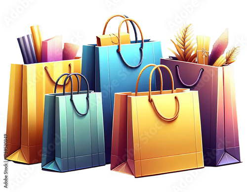 Verschiedene bunte und elegante Einkaufstüten, isoliert auf transparentem Hintergrund, PNG