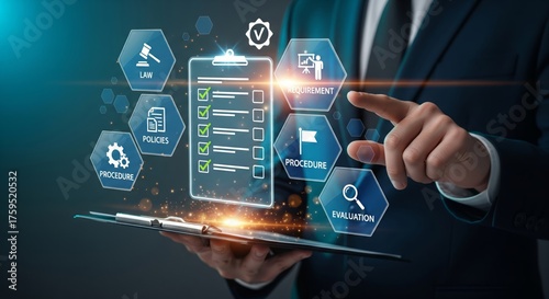 Compliance Checklist with Large Holographic Hexagon Icons — Law, Policies & Procedures