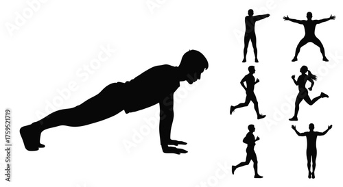 Black silhouettes depicting various athletic exercises and human poses