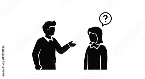 A man and woman in conversation with a questioning thought bubble