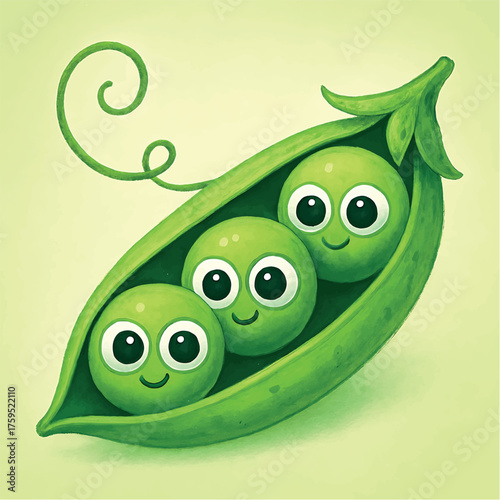 Three cute cartoon peas in a pod with happy faces