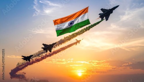 Indian air force day celebration with fighter jets and national flag, Generated with AI.