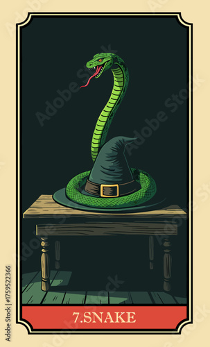 The snake. A comic-style fantasy card from the Lenormand Oracle deck. The classic 5:3 ratio for divination cards.