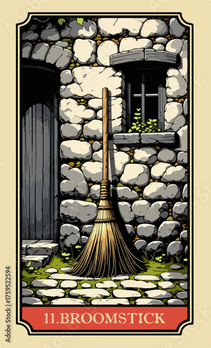 The broomstick. A comic-style fantasy card from the Lenormand Oracle deck. The classic 5:3 ratio for divination cards.