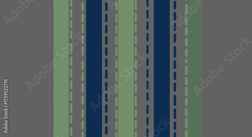 Top-down view of a highway with lane dividers and green medians