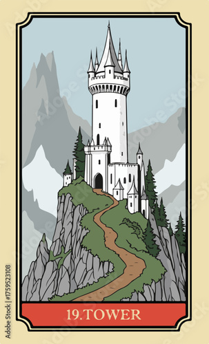 The tower. A comic-style fantasy card from the Lenormand Oracle deck. The classic 5:3 ratio for divination cards.	
