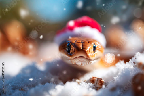 Festive inland taipan snake with Santa hat in winter snow scene