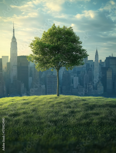 A tree on a lawn and a city skyline of skyscrapers: a green city concept