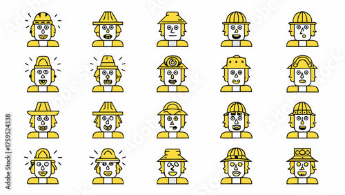 Diverse cartoon character faces sporting hats, perfect for animation or avatars with unique expression and style, originally designed as a vector graphic