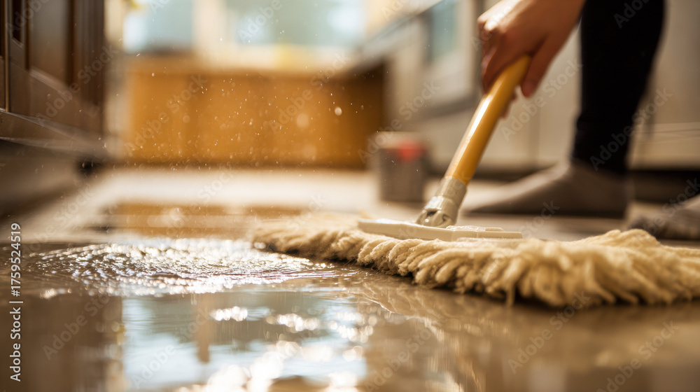 Obraz premium Cleaning up water leaks from plumbing issues in a kitchen
