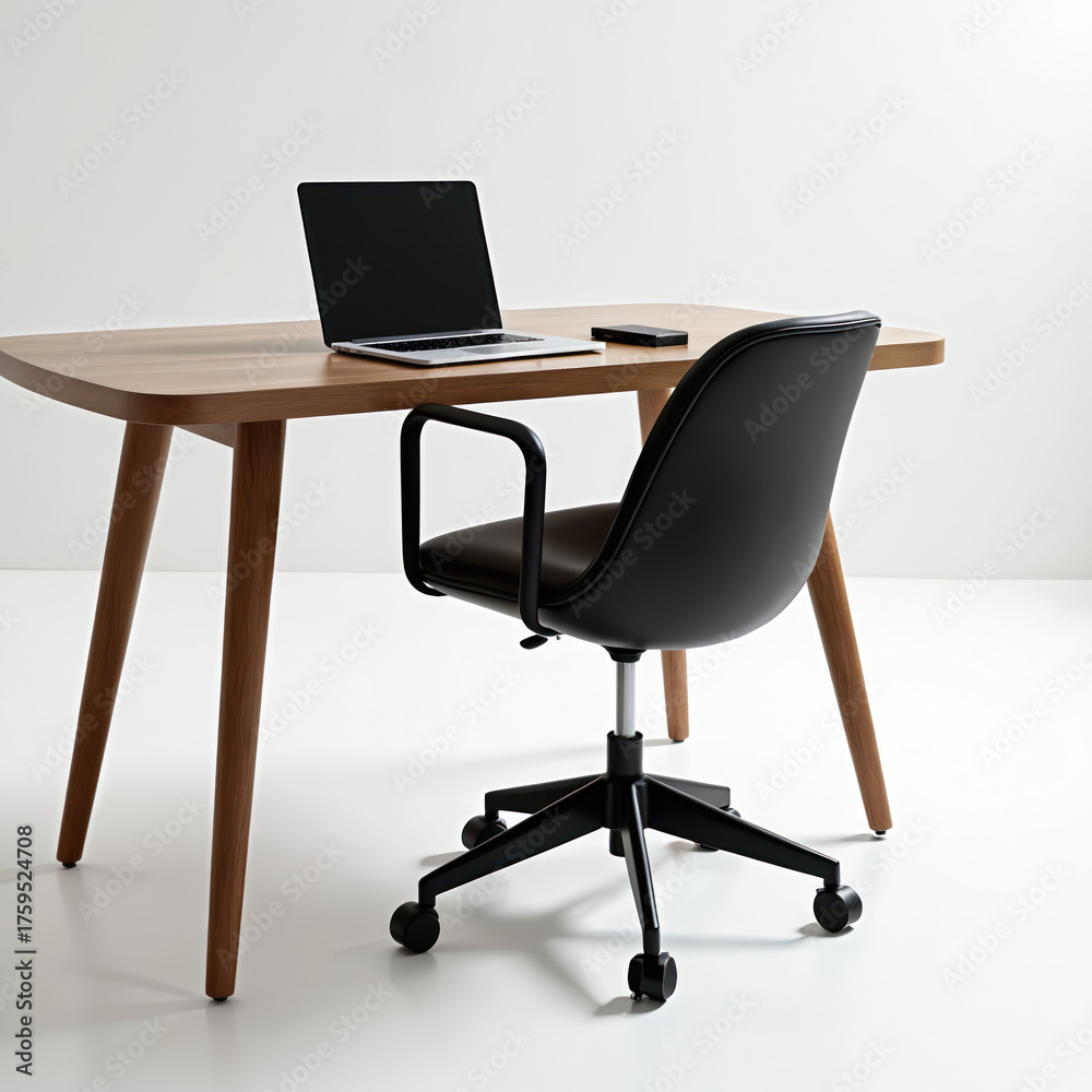 Fototapeta premium Modern home office workspace with wooden desk and black leather chair. Laptop and phone on desk. Ergonomic chair with wheels. Minimalist interior design with white background.