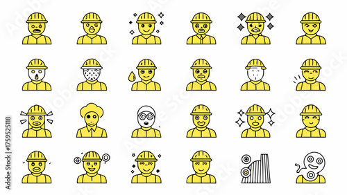 Expressive worker icons showcasing diverse emotions, perfect for construction safety campaigns or employee engagement materials, originally a scalable graphic