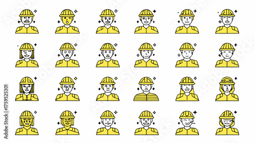 Diverse construction worker avatars showcasing various emotions, perfect for safety training or team-building visuals; originally scalable vector graphics