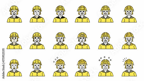 Diverse team of construction workers wearing safety helmets, expressing various emotions, perfect for illustrating teamwork, safety awareness, and workforce diversity