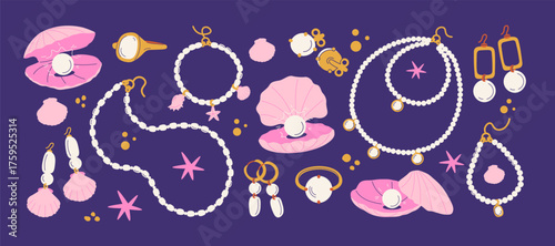 Jewelry and pearls in retro cartoon. Sea treasures: earrings, necklaces, seashells, pearl rings. Marine fashion elements for beach lifestyle. Illustration in funky, doodle style, trendy sticker
