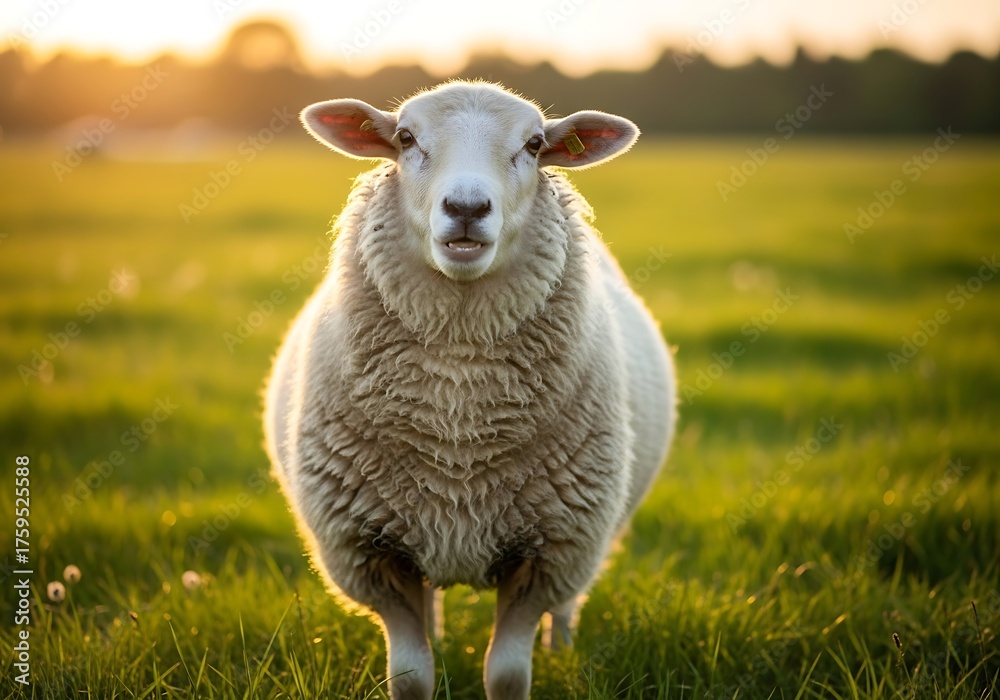 Naklejka premium A fluffy white sheep stands in a vibrant green field, bathed in the warm glow of a golden sunset, looking directly at the camera.