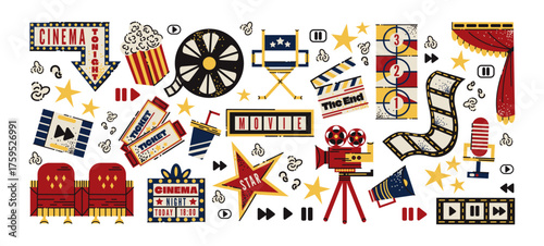 Movie and film production sticker set in retro cartoon. Cinema reels, director’s chair, clapperboard, camera, popcorn, 3D glasses. fun cinema elements in trendy retro doodle.