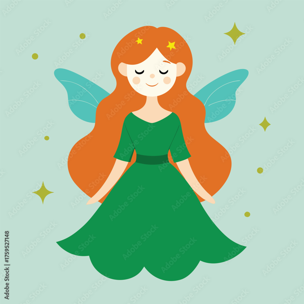 Fototapeta premium Ginger haired fairy with green dress and wings fantasy