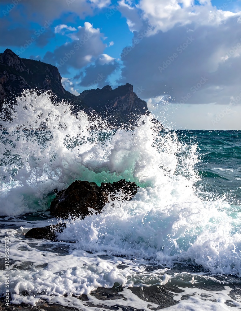 Fototapeta Coastal scene captures a powerful ocean wave crashing against rocky cliffs under a dramatic sky