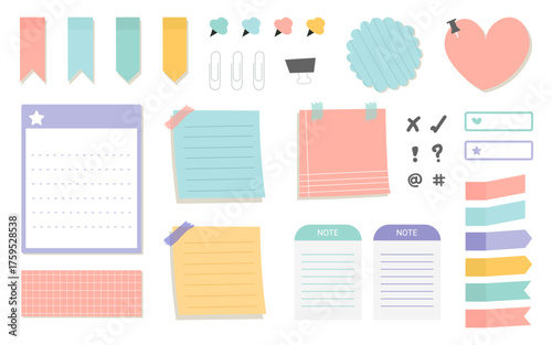 Collection of various paper notes. Blank paper notes for to-do list, planner, memories. Stickers and assorted pieces of scotch tape.