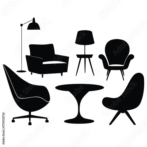 Black furniture and lamps silhouettes chairs table