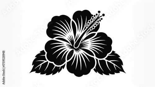 A black and white silhouette illustration of a hibiscus flower with detailed petal shading 
