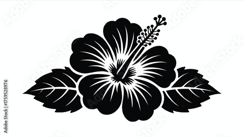 A black and white silhouette illustration of a hibiscus flower with detailed petal shading 