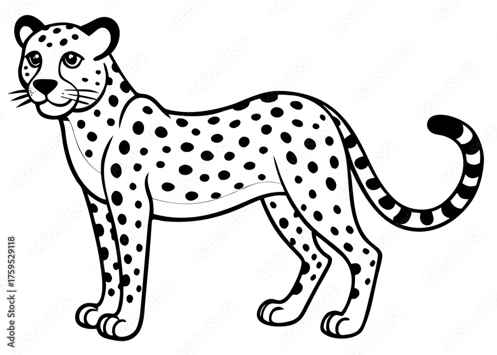 Fototapeta premium Cartoon cheetah with black spots standing in profile on a white background art