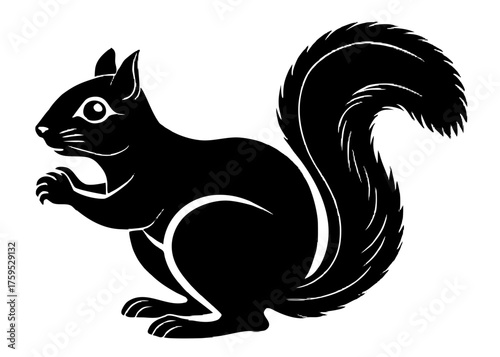 Black squirrel illustration with bushy tail holding nut on a white background