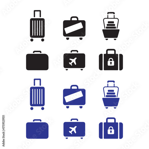 Collection of travel suitcases and luggage icons in black and blue