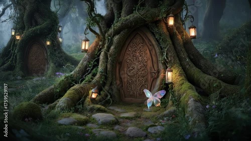Mystical forest scene with tree houses, a butterfly, and glowing lanterns
