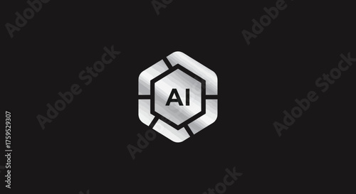 Silver geometric hexagon with "AI" in dark font, on black background