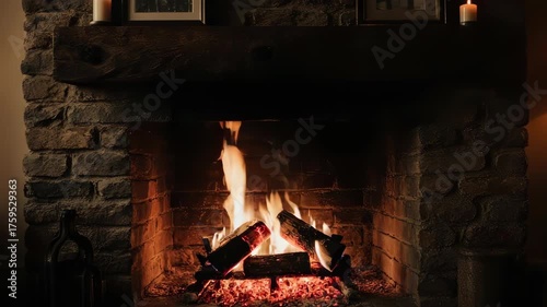 A brick fireplace with a warm fire, candle light, pictures above