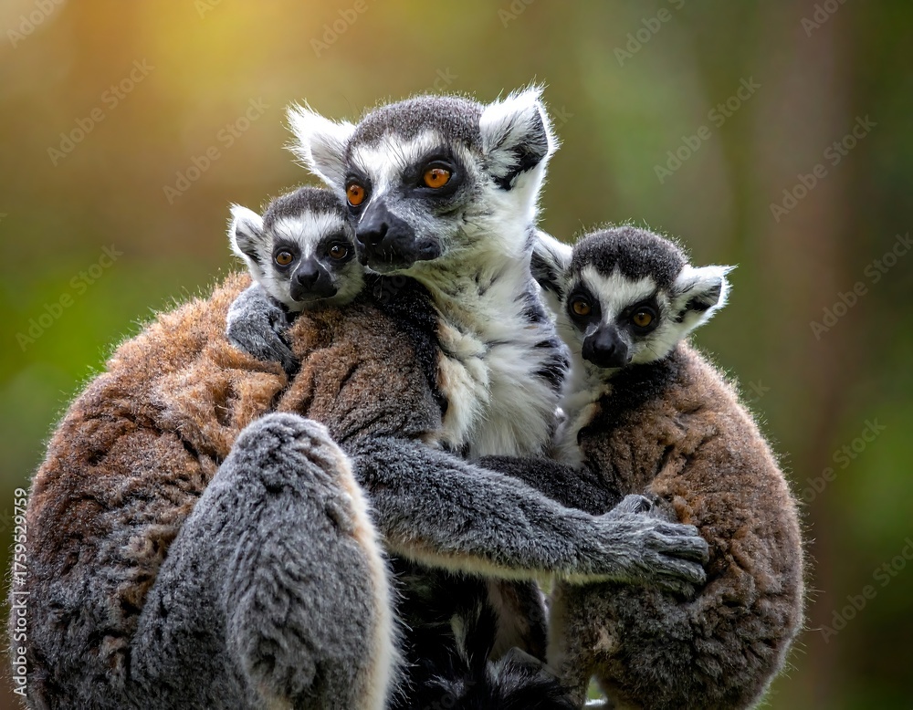 Naklejka premium A ring-tailed lemur mother cradles two young lemurs close to her
