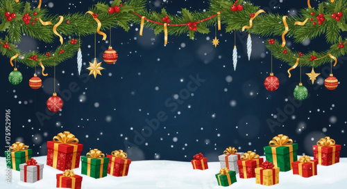 Magical Christmas holiday scene with surreal touch, featuring snowy ground adorned with colorful gift boxes and festive garland of ornaments, ribbons, and stars against dark starry background