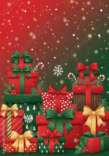 Magical Christmas holiday scene with vibrant red and green gift boxes adorned with bows, surrounded by candy canes, holly, and snowflakes, creating surreal festive fantasy