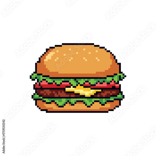A delicious pixel art illustration of a hamburger with layers of bread, meat, cheese, tomato, and lettuce. Pixel style, retro and cute, perfect for fast food, restaurant, or culinary-themed games.