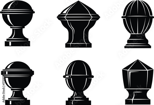 Elegant black fence post cap vector set with classic decorative finial designs, architectural ornament collection, isolated illustration for construction and design projects.