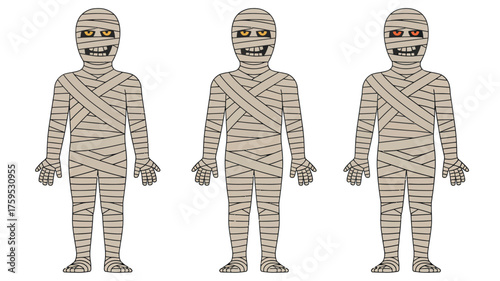 Three cartoon mummies standing in a row with bandages
