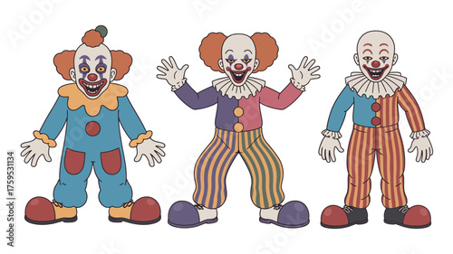 Three colorful and spooky clowns standing together with white backgrounds