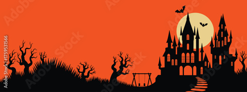 Haunted gothic castle, spooky Halloween night, eerie full moon, flying bats, twisted trees, crooked fence, creepy path, horror fantasy celebration