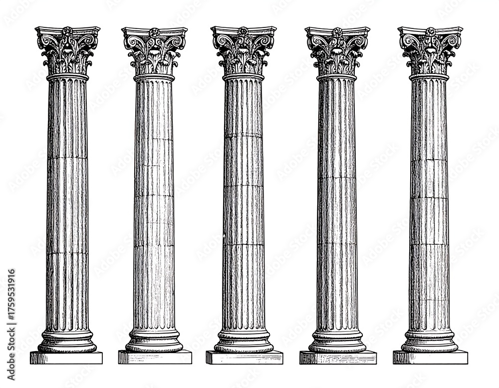 Obraz premium Five classical architectural columns in a grayscale illustration