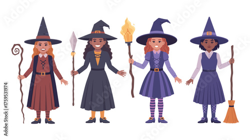 Four diverse witches in halloween costumes holding magical items