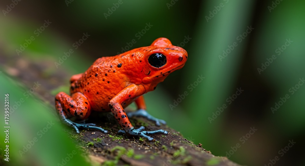 Fototapeta premium Vibrant red poison dart frog perched on a branch in natural environment