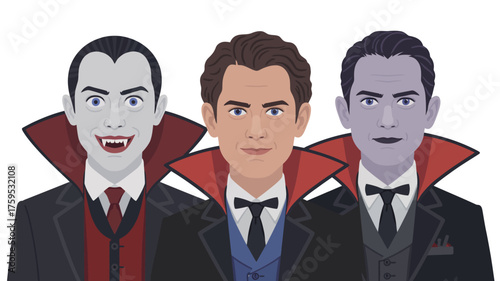 Three men in formal wear with one vampire and two human characters