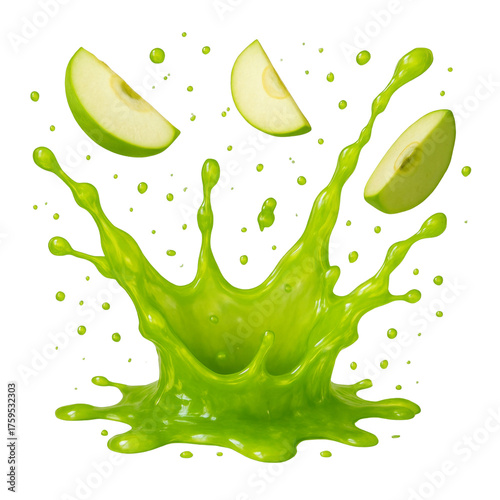 A refreshing splash of green apple juice and fresh apple slice